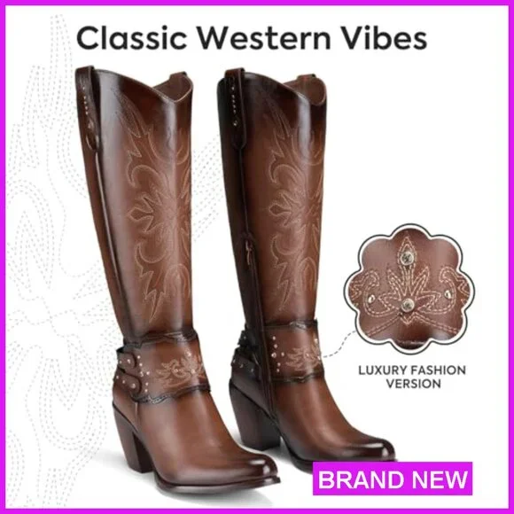 Knee High Cowboy Boots Western Style Chunky Heel Pull On Zipper Fashion - Picture 6 of 7